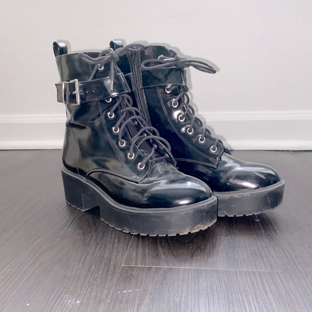 Black pleather chunky boots